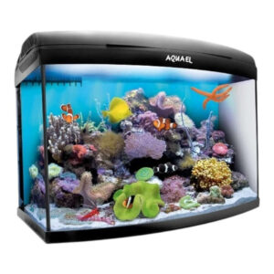 Aquael Reef Master 60 aquarium showcasing vibrant corals and marine life, designed for small reef setups.