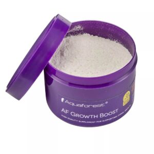 Aquaforest AF Growth Boost 35g powdered amino acids supplement for coral growth in a purple container.