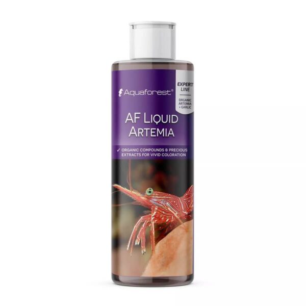 Aquaforest AF Liquid Artemia 200ml bottle with shrimp, rich in organic compounds for marine organism coloration.