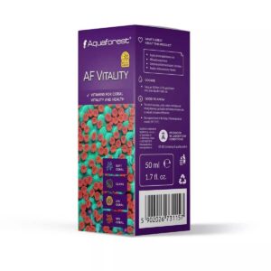 Aquaforest AF Vitality Coral Vitamins packaging, promoting coral health and vitality with 50 ml dosage instructions.