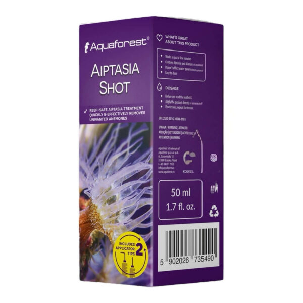 Aquaforest Aiptasia Shot 50 ml packaging for controlling Aiptasia and Manjano anemones in marine aquariums.