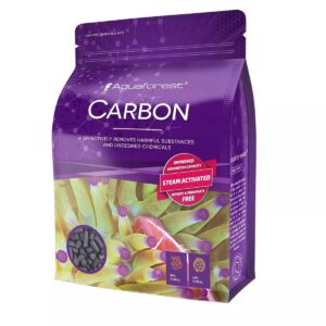 Aquaforest Carbon product packaging, steam-activated granular carbon for improving water clarity and removing impurities.