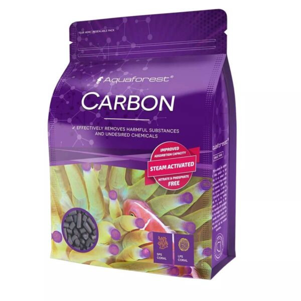Aquaforest Carbon product packaging, steam-activated granular carbon for improving water clarity and removing impurities.