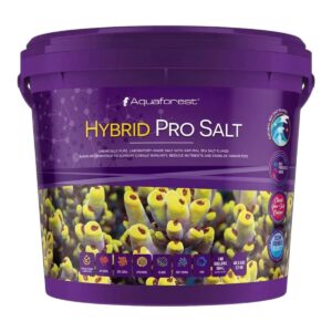 Aquaforest Hybrid Pro Salt Mix bucket with natural sea salt flakes and probiotic blend for coral growth and health.