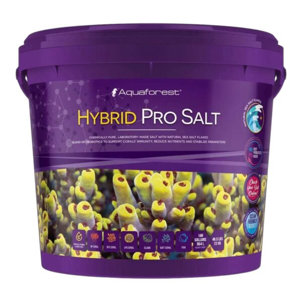 Aquaforest Hybrid Pro Salt Mix bucket with natural sea salt flakes and probiotic blend for coral growth and health.