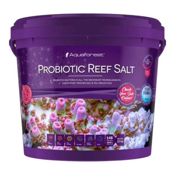 Aquaforest Probiotic Reef Salt 22kg bucket designed for cultured corals, enhancing marine growth and reducing nitrates.