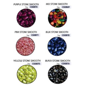 Colorful smooth stones for aquariums, including purple, pink, blue, yellow, black, and mixed options, 1kg packaging.