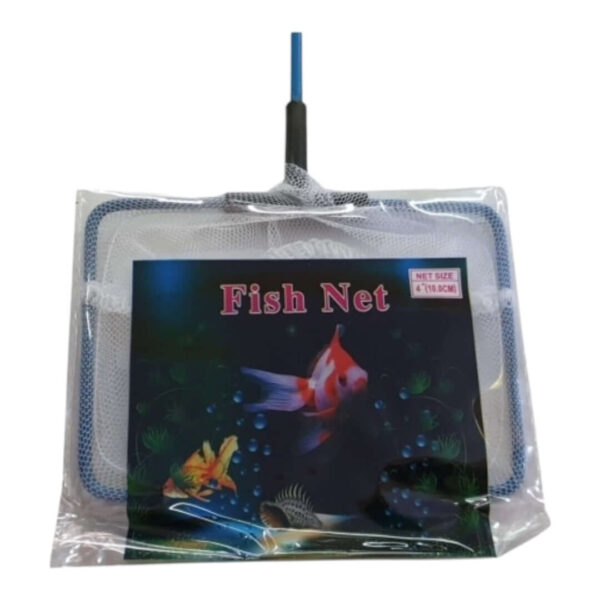 Aquarium fish net with blue handle in package, designed for easy fish retrieval in fresh or saltwater aquariums.