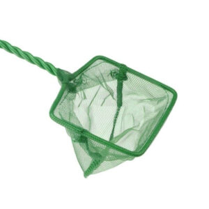 Green aquarium fish net designed for gentle handling and transfer of aquatic pets.