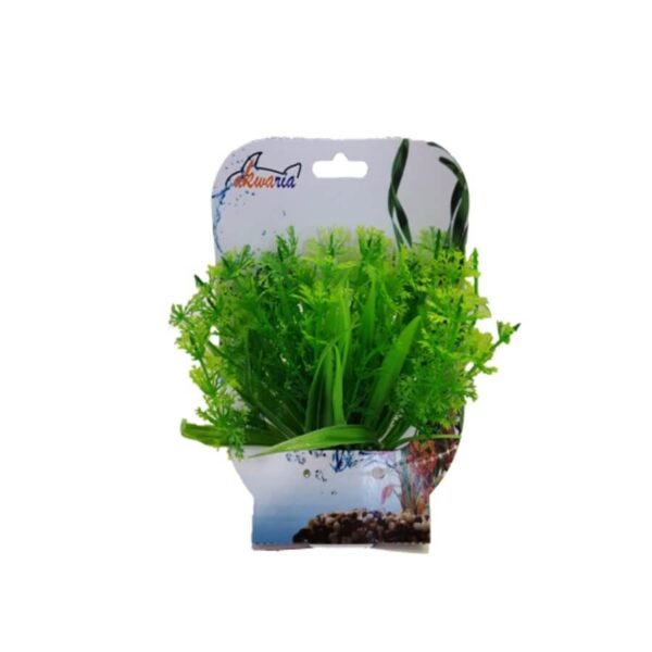 Aquarium Plastic Plant PP7601 in packaging, vibrant green color for fish tank decoration, low-maintenance artificial ornament.