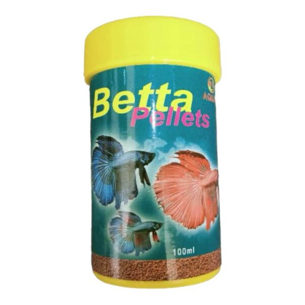 AQUAV Betta Pellets 100ml container featuring vibrant Betta fish graphics for optimal tropical fish nutrition.