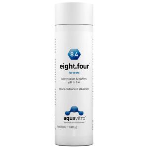 Aquavitro Eight.Four for reefs, 350ml bottle, raises pH to 8.4 and enhances carbonate alkalinity for marine aquariums.
