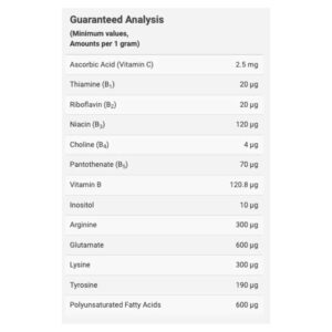 Guaranteed analysis of Aquavitro Plant Envy showing nutrient composition per gram for optimal plant health.