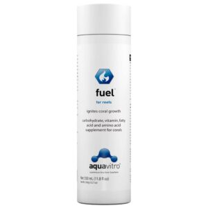 Aquavitro Reef Fuel bottle, a coral growth supplement with carbohydrates, vitamins, and amino acids for optimal reef health.