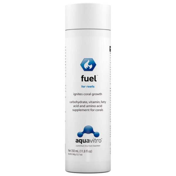 Aquavitro Reef Fuel bottle, a coral growth supplement with carbohydrates, vitamins, and amino acids for optimal reef health.
