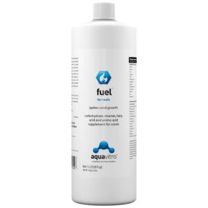Aquavitro Fuel bottle, a coral supplement with carbohydrates, vitamins, amino acids, and fatty acids for reef growth.