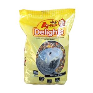 Avi Plus Delights African Grey 1kg bird food bag with vitamins and minerals for optimal health and nutrition.