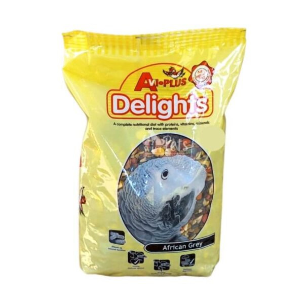 Avi Plus Delights African Grey 1kg bird food bag with vitamins and minerals for optimal health and nutrition.