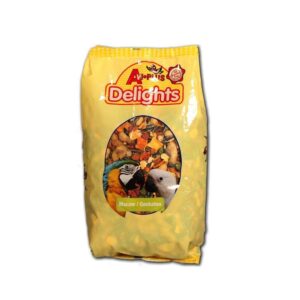 Avi Plus Delights 1kg for Macaws and Cockatoos with a blend of seeds and nuts in a vibrant yellow package.