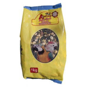 Avi Plus Sutherland High-Fat Complete Mix 1kg packaging, featuring birds and quality ingredients for balanced avian nutrition.