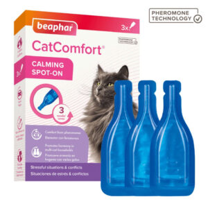 Beaphar CatComfort Calming Spot On packaging and solutions for calming stress in cats.