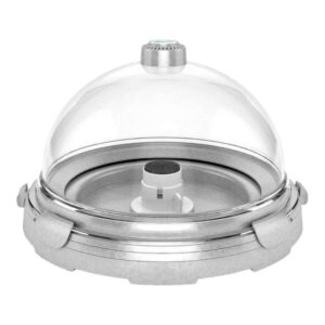 Elegant stainless steel food dome with a clear glass cover for serving dishes.