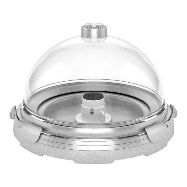 Elegant stainless steel food dome with a clear glass cover for serving dishes.