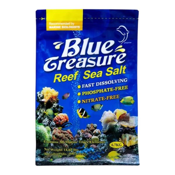 Blue Treasure Reef Sea Salt 6.7kg packaging, featuring fast dissolving, phosphate-free, and nitrate-free formula for marine aquariums.