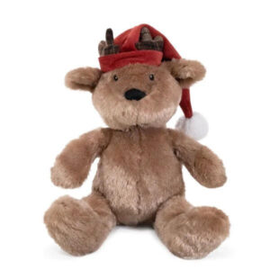 Ultra-soft Brad Bear with elf hat and antlers, perfect holiday toy for dogs to cuddle and play during the festive season.
