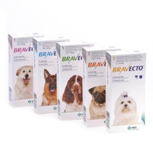 Bravecto chewable tick and flea tablets for dogs in various package sizes=