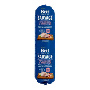 Brit Premium Chicken & White Fish Sausage for Dogs, 800g, nutritious dog food packed with 95% chicken and fish.