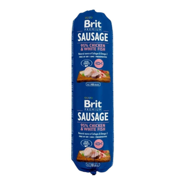 Brit Premium Chicken & White Fish Sausage for Dogs, 800g, nutritious dog food packed with 95% chicken and fish.