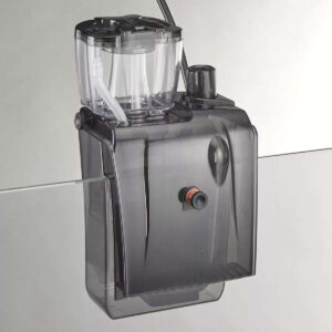Bubble Magus QQ3 Hang-On External Nano Skimmer mounted on aquarium, showcasing its compact design and efficient filtration features.