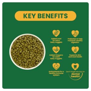 Key benefits of Burgess Excel Rabbit Nuggets: added mint, oregano, prebiotics, and antioxidants for health.