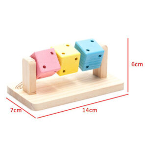CARNO Wooden Hamster Toy - Dice colorful toy with pink, yellow, and blue wooden dice on a sturdy base, dimensions 14cm x 7cm x 6cm.