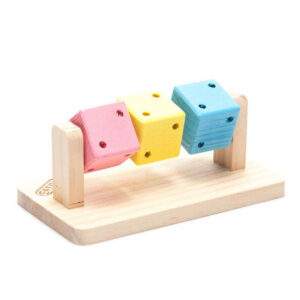 Colorful wooden dice toy on a stand, designed for hamsters and small pets to encourage playful engagement.