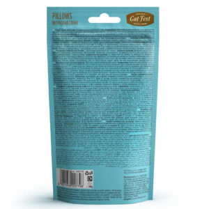 Back of Cat Fest Pillows 30g packaging with crab creme ingredient details and nutritional info.