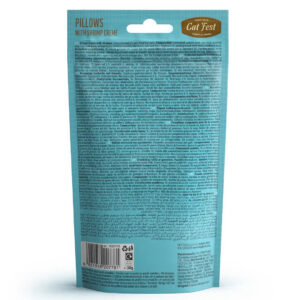 Back packaging of Cat Fest Pillows with shrimp filling, showcasing nutritional information and branding.