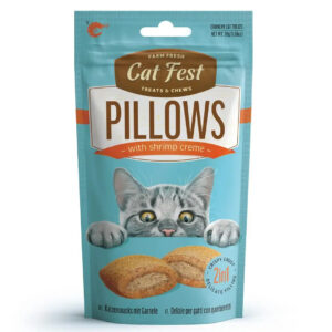 Cat Fest Pillows cat treats with shrimp crème in a teal bag featuring a playful cat image.