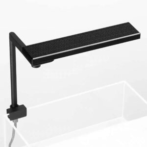 Chihiros CII RGB LED Light above a clear aquarium, featuring a sleek black design and adjustable brightness options.