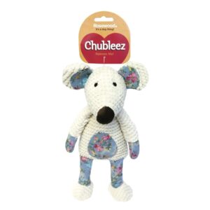 Chubleez Maisie Mouse dog toy with floral patterns and squeaker, perfect for cuddling and playtime. Size: 360mm x 140mm x 140mm.