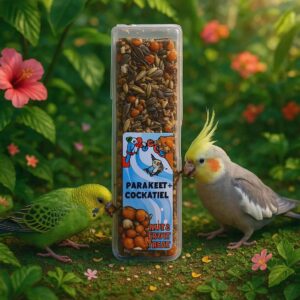 Cockatiel and parakeet seed stick treat with nuts and fruits, surrounded by vibrant flowers and birds.