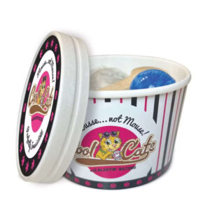 Cool Cats Mousse for Cats 110g container with creamy mousse and a blue ball toy inside.