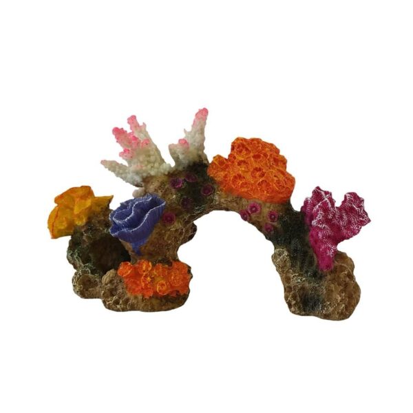 Colorful Coral Arch Ornament featuring vibrant corals on a rock formation, measuring approximately 17 x 6 x 11cm.