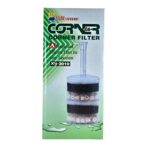 Corner filter for aquariums, model XY-2010, featuring filter sponges and ceramic rings for efficient filtration.