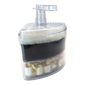 Corner filter with media for aquarium featuring filter sponges, ceramic rings, and weight stones.
