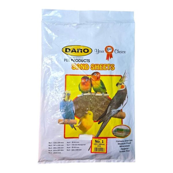 Daro Bird Cage Sand Sheets pack featuring colorful birds, size 1 (320x203mm), ideal for maintaining birdcage cleanliness.