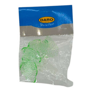 Daro brand green mesh bag containing silicone aquarium ornaments with polka dots.