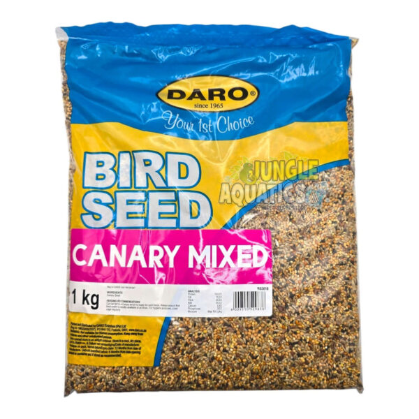 Daro Mixed Canary Seed 1kg bag with colorful seeds for canaries, promoting vibrant health and nutrition.