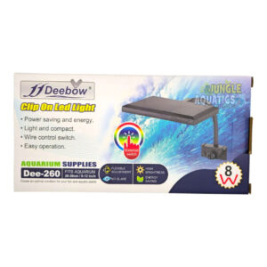 Deebow Clip On LED Light packaging featuring power saving features and easy operation for aquariums.